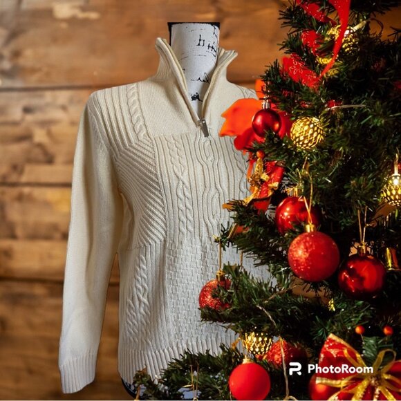 Vintage Karen Scott Sweater Ivory Cotton Cable Knit 3/4 Zip Mock Neck Pullover 6 - Picture 8 of 8